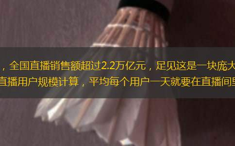 今年前10個(gè)月，全國(guó)直播銷售額超過(guò)2.2萬(wàn)億元，足見(jiàn)這是一塊龐大的市場(chǎng)。按照目前7.65億的直播用戶規(guī)模計(jì)算，平均每個(gè)用戶一天就要在直播間里消費(fèi)9.6元。